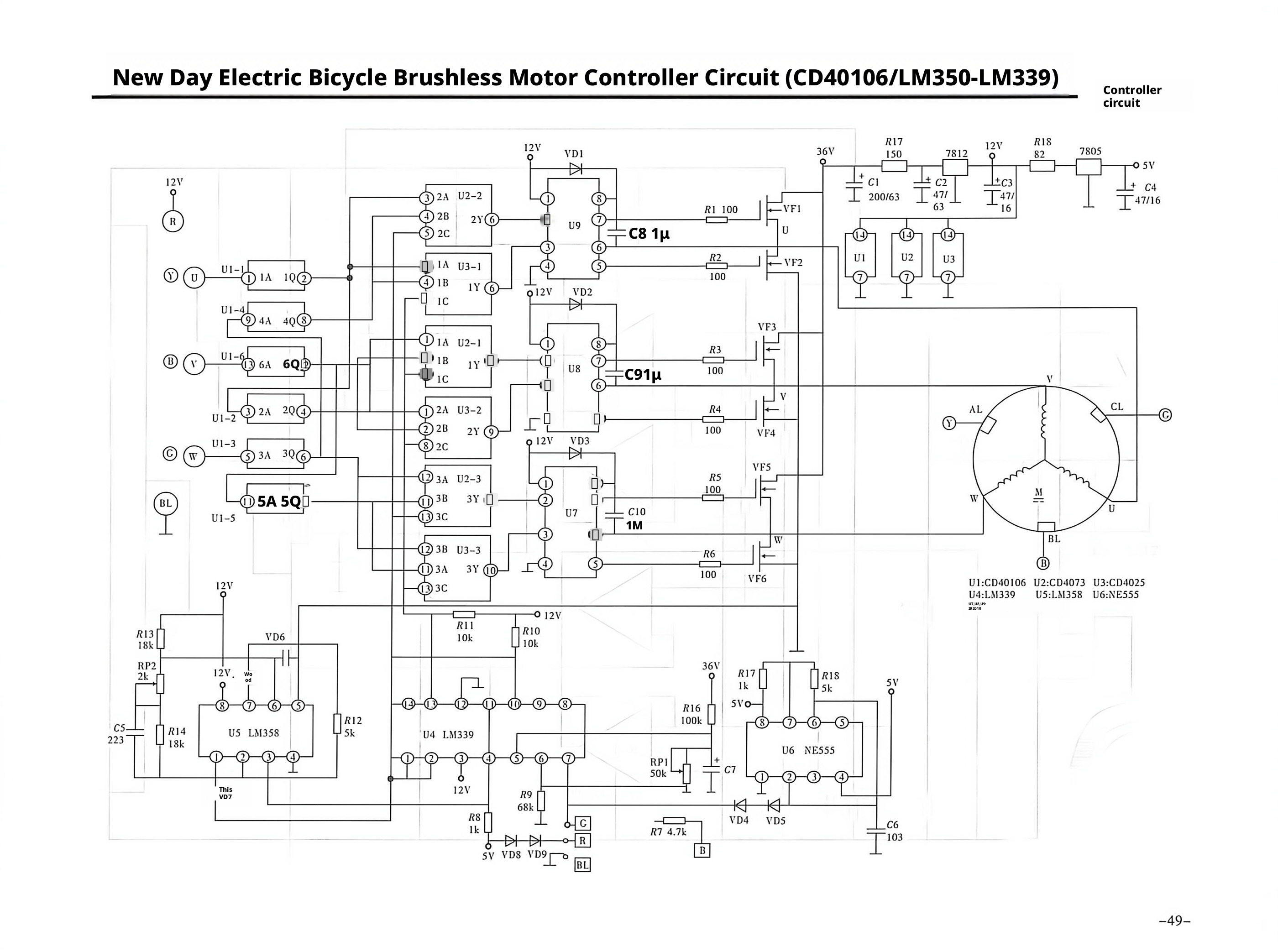 新日牌电动自行车无刷电动机控制器电路图（CD40106/LM350-LM339）