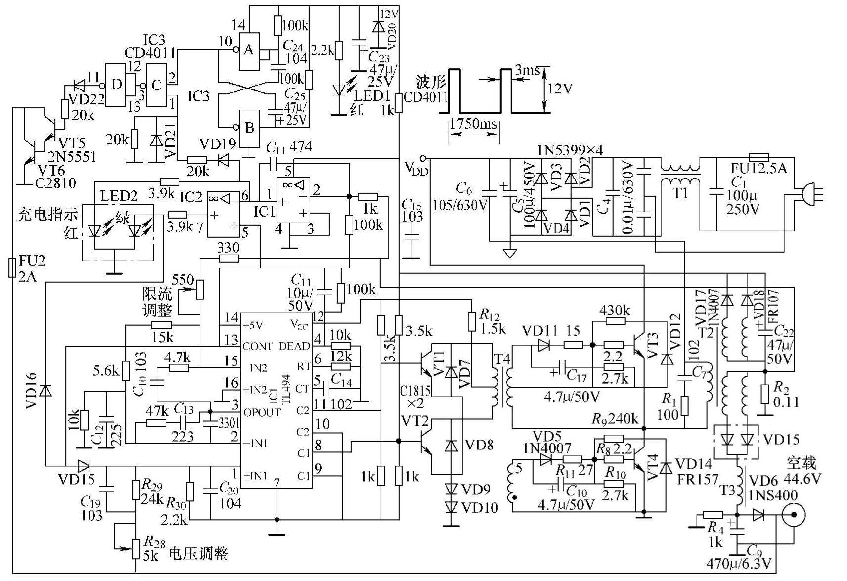 TL494+LM358+CD4011构成的脉冲型充电器电路